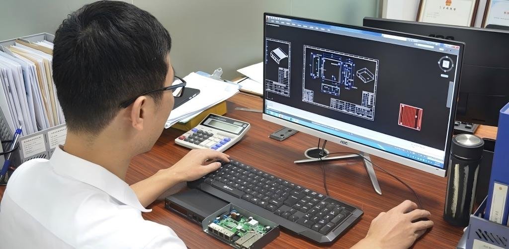 Engineer reviewing CAD drawing